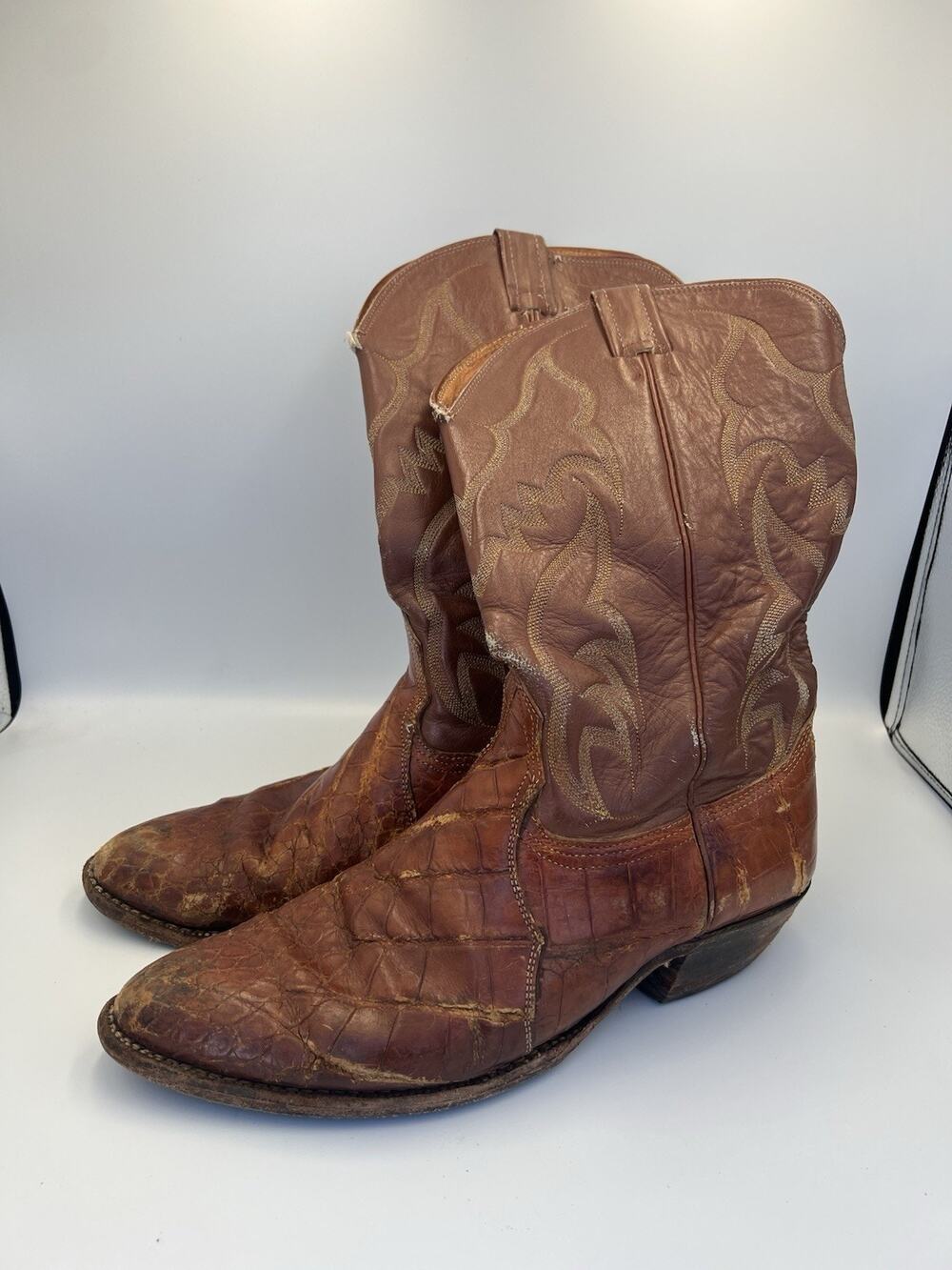 NOCONA Brown COGNAC ALLIGATOR &Leather Western Cowboy Boots Size 10.5 D Vintage